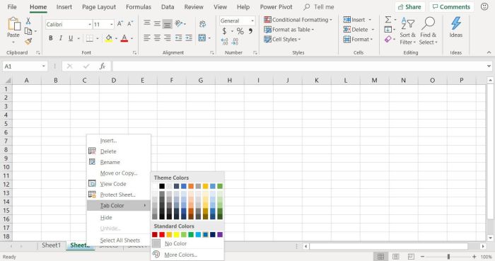 An active tab color displays this way in the worksheet